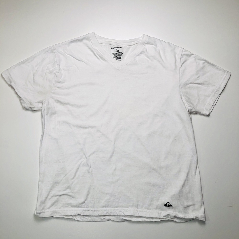 Quicksilver White T Shirt Women's L Short Sleeve V Neck 100% Cotton Surfer Tee